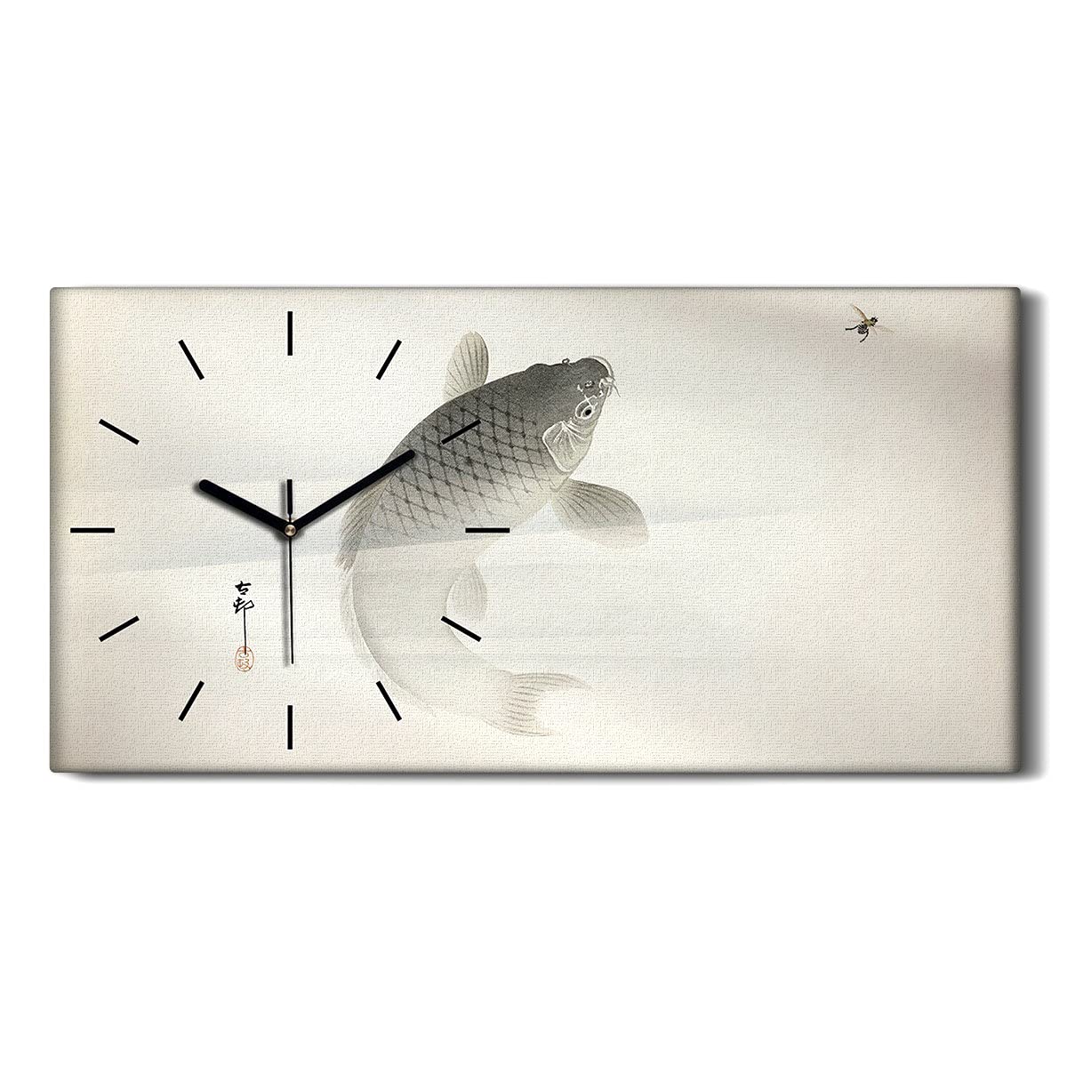 Horloge sur toile poisson koi 60x30cm decoration murale asiatique salon aiguilles noires silencieuse