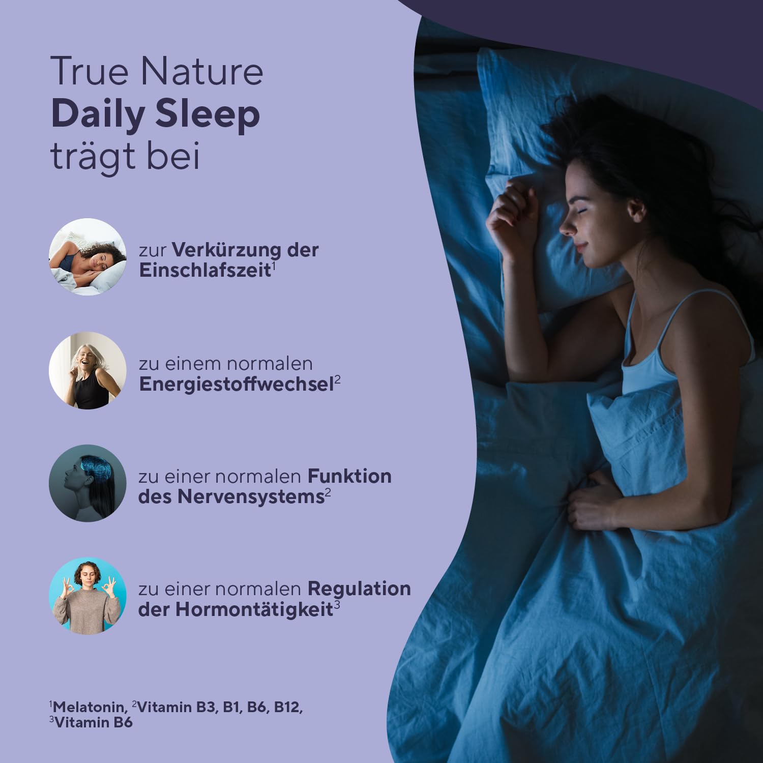 TRUE NATURE® Daily Sleep Kapseln - 90 Stück - 14 in 1 Wirkstoffkomplex - mit KSM 66, L-Tryptophan und 5 weiteren Pflanzenextrakten - Das Original - Made in Germany