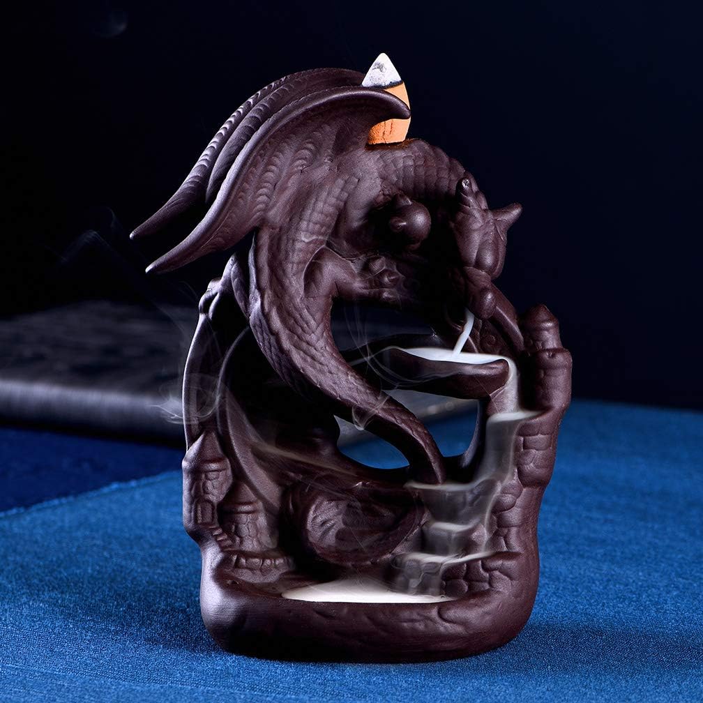 INONE Ceramic Dragon Incense Burner with 100 Cones, Waterfall Backflow Incense Holder, Aromatherapy Ornament, Zen Decor, Home Decor, Room Decor