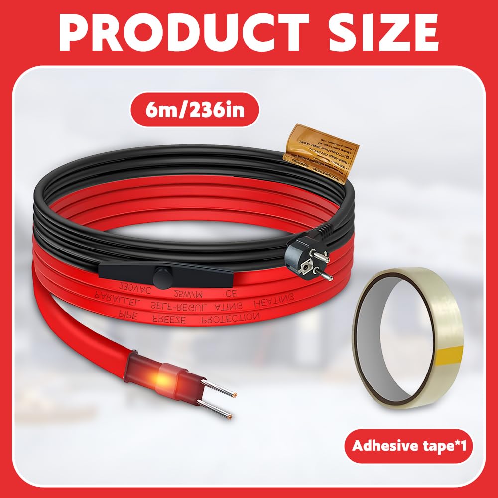 Kabel grzejny 230 V, 6 m samoregulujący się kabel grzejny, ogrzewanie z termostatem, rury grzewcze do rur wodnych, metalu/plastiku, rynny, rośliny