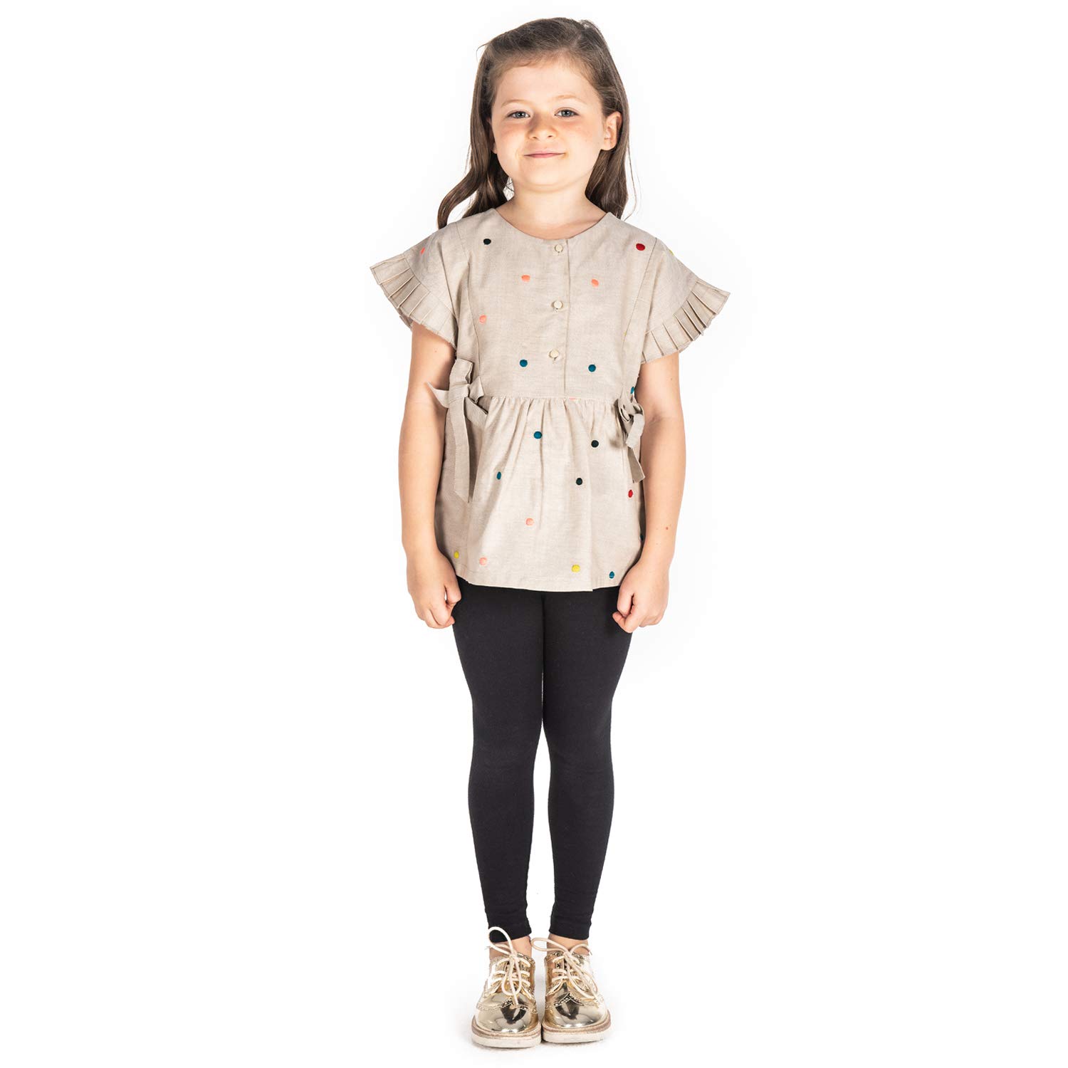 Cherry Crumble Beige Embroidery & Printed 100% Cotton Half Sleeves Round Neck Casual Wear Regular Fit Embroidered Summer Top for Girls 2