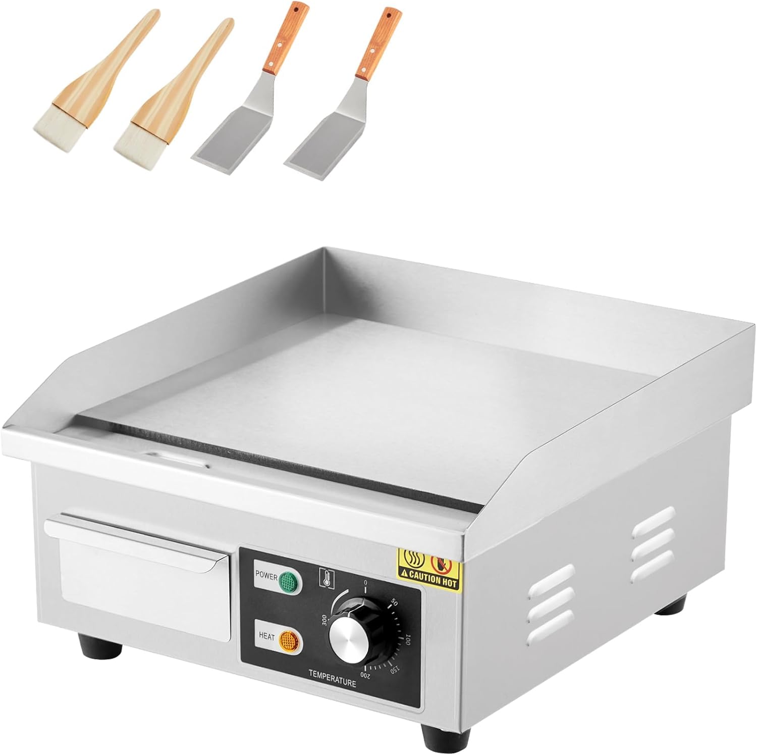 14" Commercial Electric Griddle, 1600W Stainless Steel Flat Top Grill, Non-Stick Countertop Teppanyaki Grill with Adjustable Temperature Control 122-572°F, 110V Indoor Griddle with 2 Shovels & Brushes