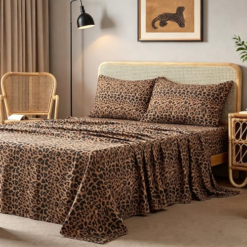 mixinni Leopard Print Sheet Set Twin XL Size - 4 Piece Bedding Sheets Soft & Durable Bed Sheets with 1 Fitted Sheet 1 Flat Sheet & 2 Pillowcases Brown/Black Animal Print Sheets for Bedroom Decor