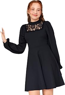 Girl's Lace Mesh Long Sleeve Mock Neck Long Sleeve Flare Hem A Line Short Dress