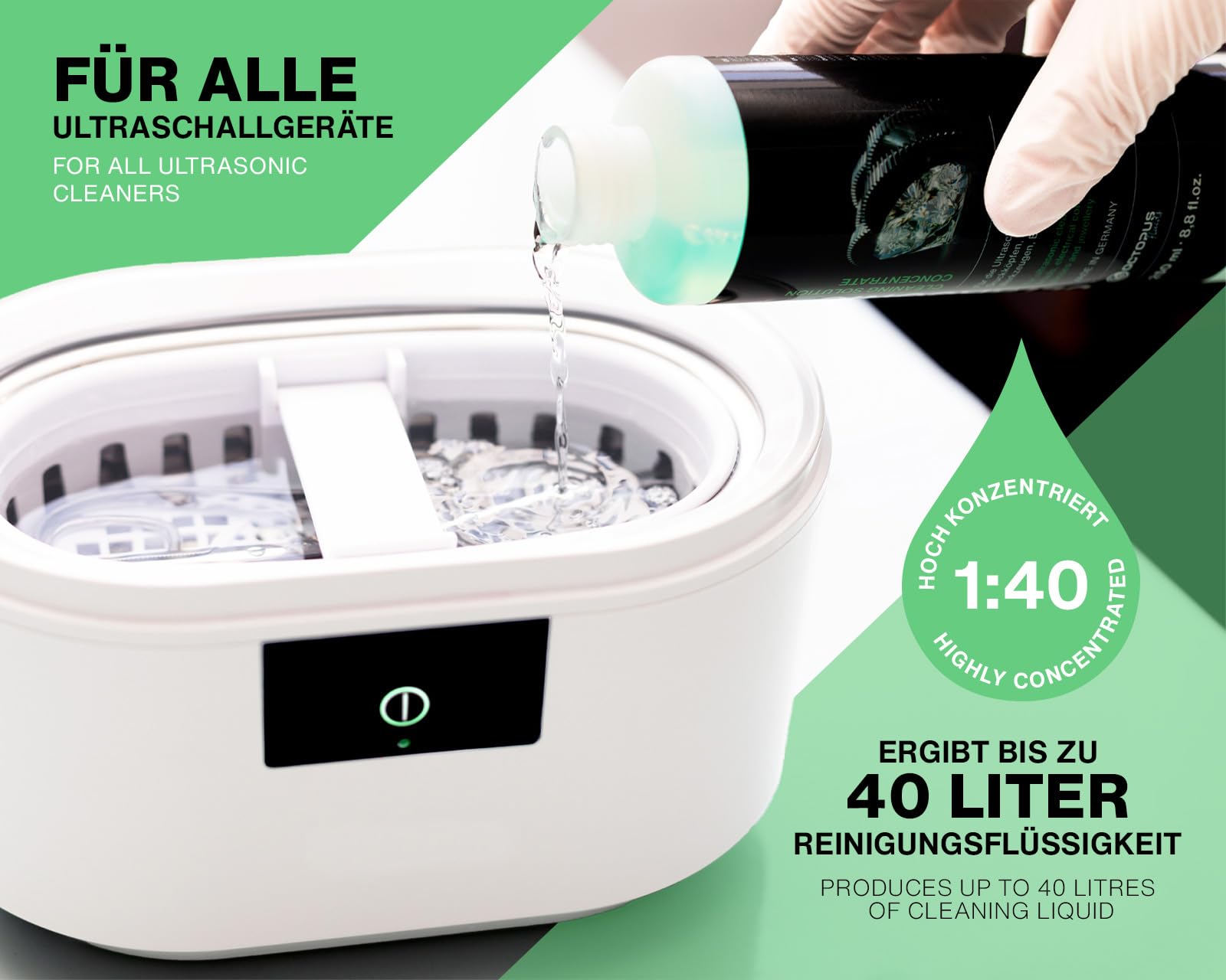 OCTOPUS Limpiador ultrasónico potente, concentrado para uso en limpiador ultrasónico, limpiador de vidrios, limpiador de mecánica y tecnología de impresión 1L (1000ml)