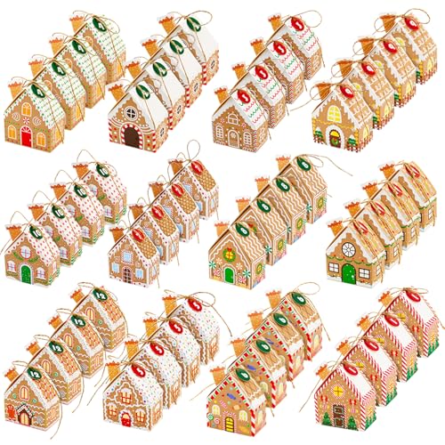 EUBUY 48 Pcs Christmas Treat Boxes Gingerbread House Gift Boxes Xmas Candy House Style Goodies Treat Favor Box for Christmas Wedding Birthday Party Cookie Goodie Snack Gift Packaging