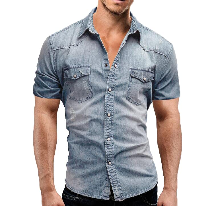 Short Sleeve Denim Shirt for Men Slim Fit Western Shirts Casual Snap Button Down Lapel Retro Jean Work Shirt