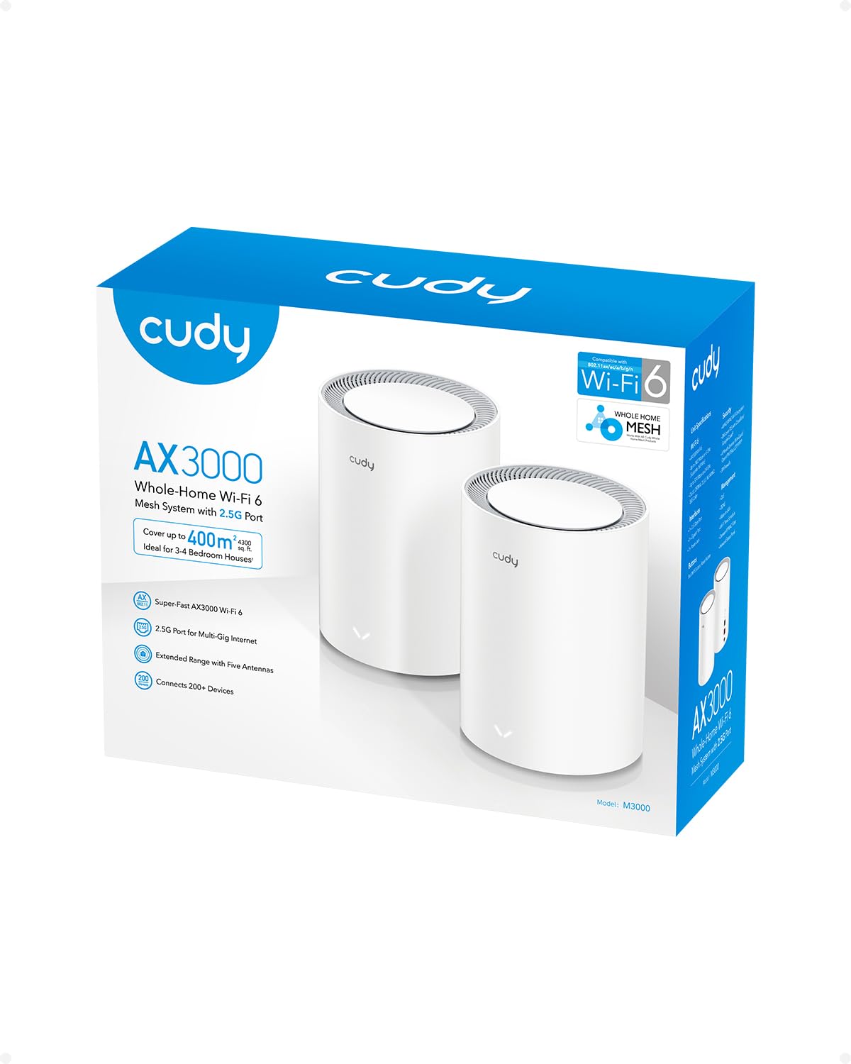 Cudy AX3000 2,5G Système de Maillage Wi-FI 6, 2,5G WAN, Idéal pour 1Gig+ Internet, Wireguard, OpenVPN, Zerotier, CloudFlare, DDNS, M3000 2-Pack