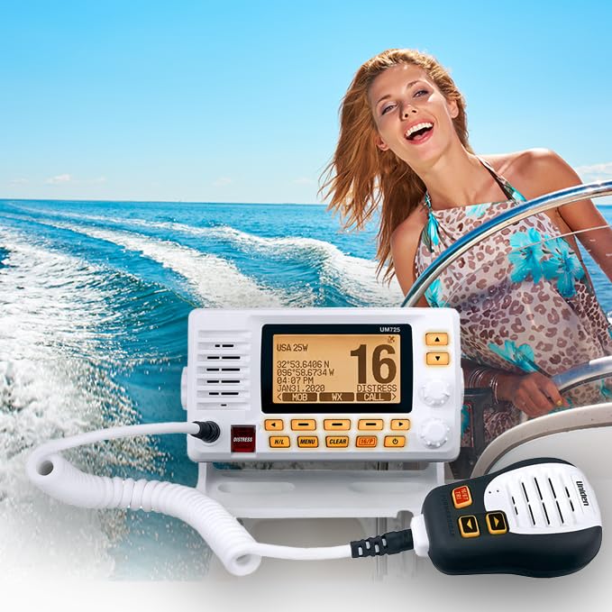Uniden UM725 Marine VHF Radio, All USA, Canada, and Int'l. Marine Channels, 1Watt/25Watt Transmit Power, Largest LCD Screen in Class, NOAA Weather Channels w/Alerts, Speaker Mic, IPX8 Waterproof. - image 2