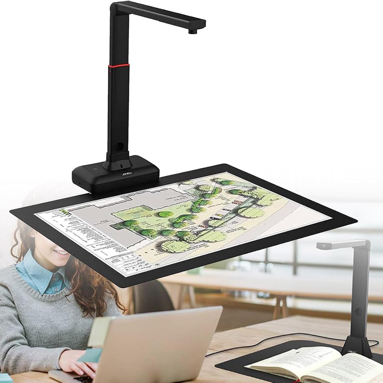 Escáner superior para documentos y libros de gran formato, alta resolución de 23 MP, escaneo automático con funciones de suavizado y división, compatible con Windows y macOS