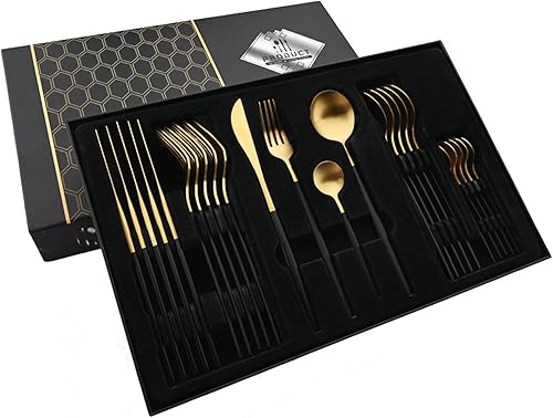 JASHII Juego de cubiertos con mango negro dorado 24 para 6 personas, juegos de regalo con caja premium, juego de cubiertos de acero inoxidable,