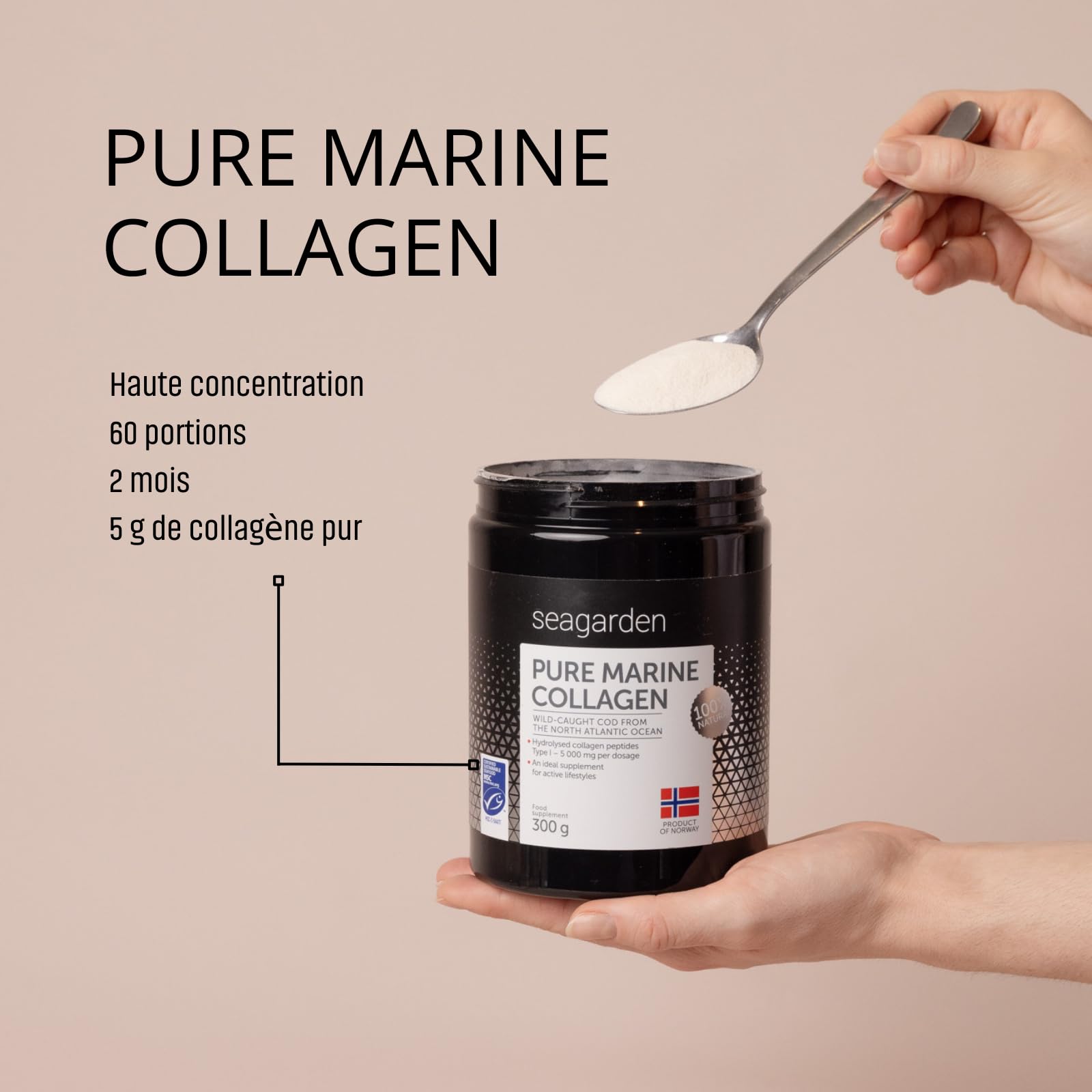 Seagarden Collagène marin en poudre pur Type I -Pour les articulations, les Os, les Muscles, la Peau - Pre Workout Booster Puissant - Non aromatisé - 300g 2 mois (Sans saveur)