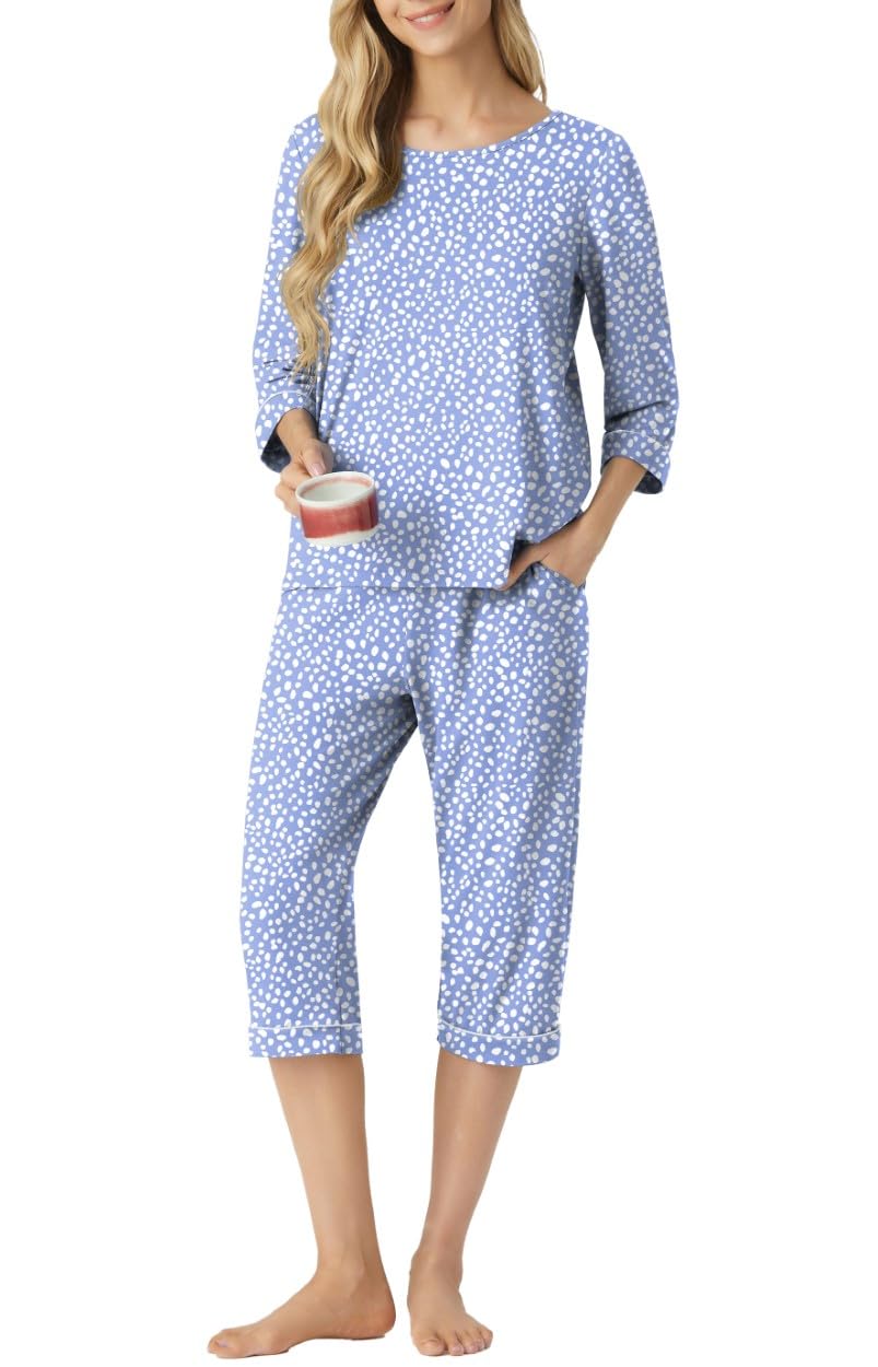 PrinStory Damen Pyjama Set Rundhalsausschnitt 3/4 Ärmel Nachtwäsche Loungewear Set Mit Taschen