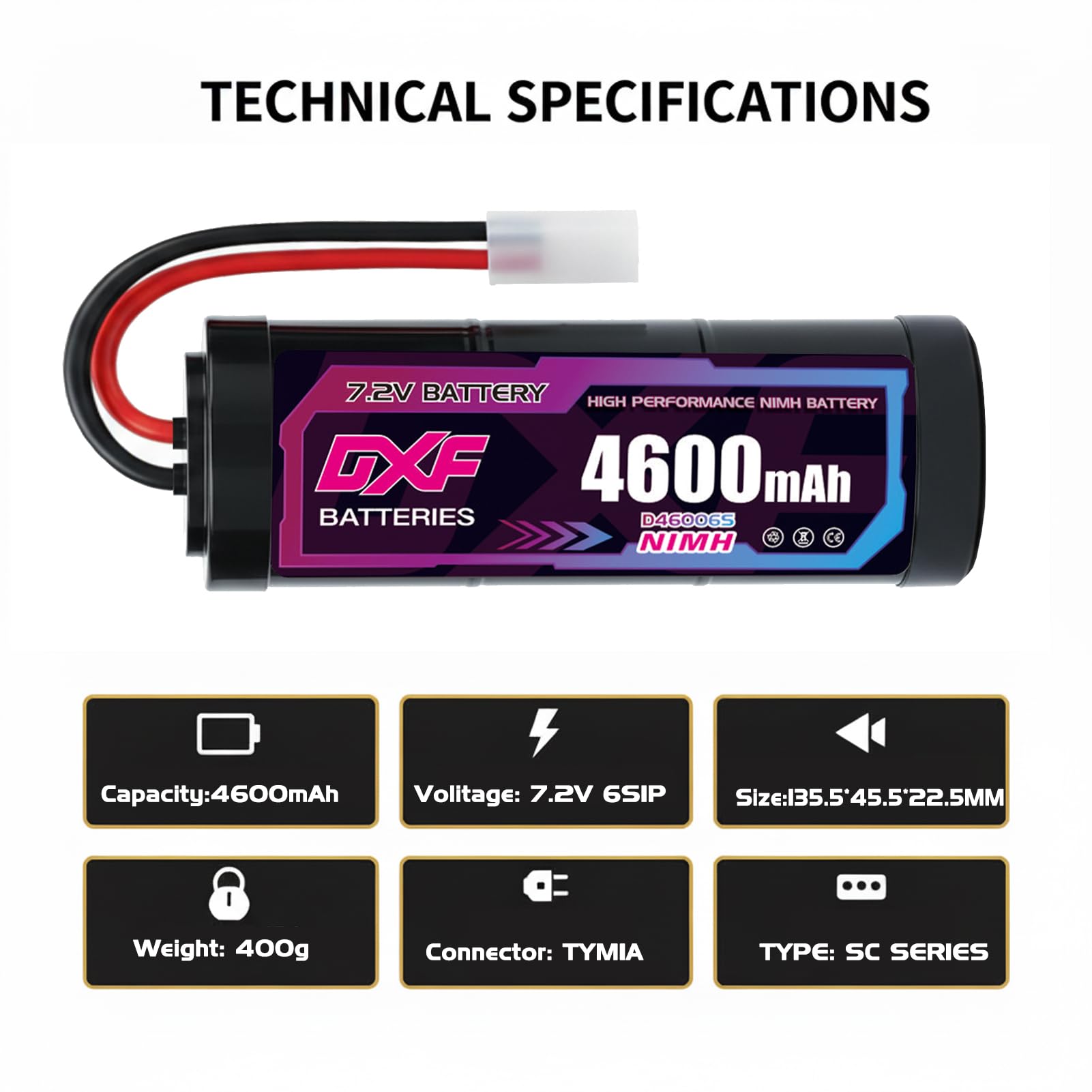 DXF 7,2 V 4600 mAh RC NiMH akumulator do samochodów RC, ciężarówek, HPI, Losi, Kyosho, hobby, do samochodów RC, aeroplan, helikopterów, łodzi (2 sztuki)