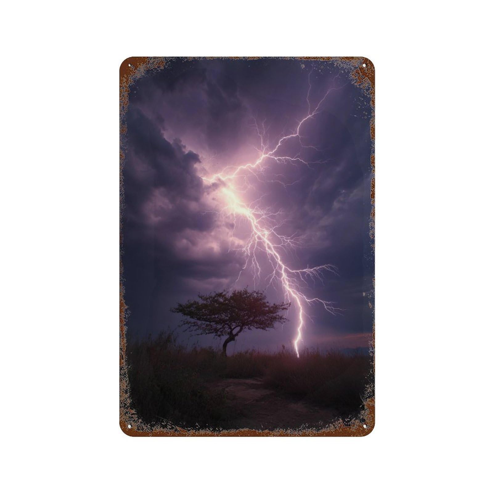 Thunderstorm Lightning Strikes Tree Rust Effect Tin Sign 11.8"x7.9", Retro Wall Decor for Pub, Kitchen And Man Cave Decor