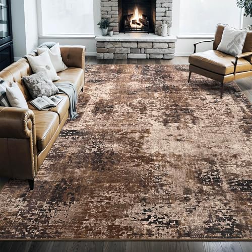Area Rug 9x12 Washable Rugs Modern Abstract Area Rug Soft Non-Slip Non-Shedding Faux Wool Stain Resistant Floor Carpets for Living Room Bedroom Dining Room Kids Room Home Office (Brown)