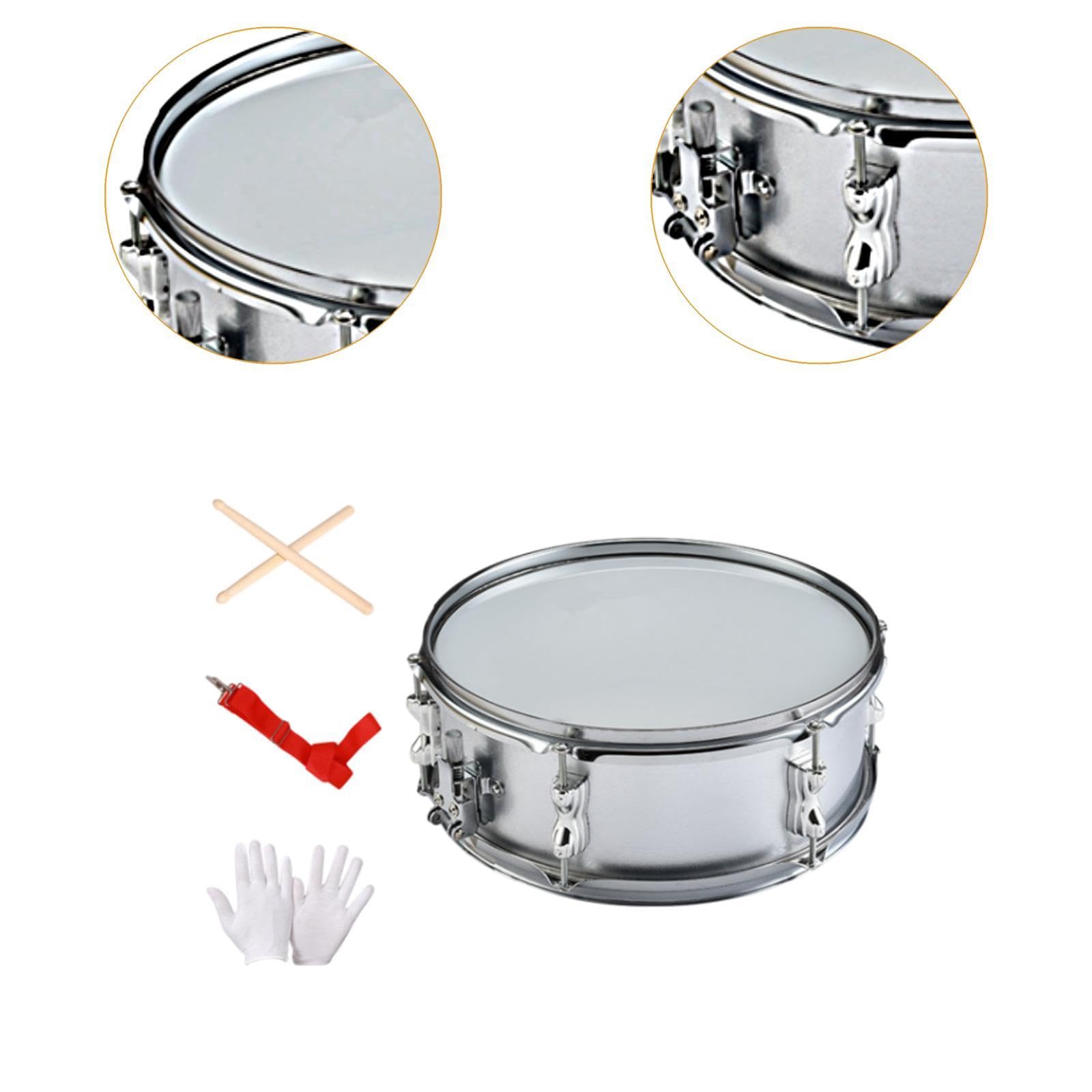 Generic Snare Drum de Percusión para Estudiantes Incluye Tambor Correa Ajustable Baquetas Y Guantes Fabricados en Acero Inoxidable Y Poliéster Adecuado para F, Silver 14 Inch