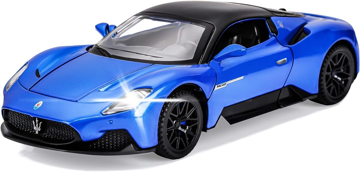 NIYANETAIL Alloy Metal Pull Back Diecast Car Scale Model with Openable Doors, Lights, and Music and Party Decoration Toy for Girls and Boys (1/32 Maserati MC20 CAR Multicolor) 4