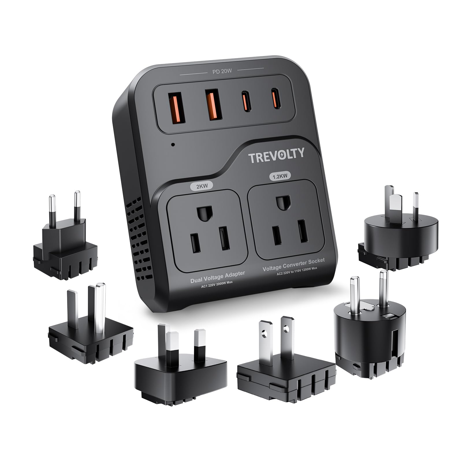 Photo 1 of 2000W Voltage Converter US to Europe, 220V to 110V Converter for Hair Dryer, 7-in-1 European Travel Plug Adapter with 3AC/2USB-A/2USB-C (PD20W), Travel Essentials with Type ABCE/FGI (Black)