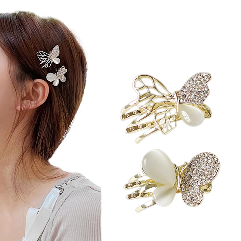 Elegant Stylish Exquisite Butterfly Small Hair Claw Clips Barrettes, Made Of Opal, Rhinestone And Alloy, Special Designed For Women, Girls And Ladies (2 Pcs)