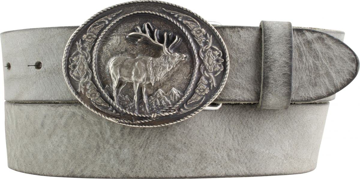 BELTINGER Jagd-Gürtel mit Hirsch-Gürtelschnalle aus weichem Vollrindleder 4 cm Used-Look | Druckknopf-Gürtel mfür Jäger 40mm | Vintage-Look