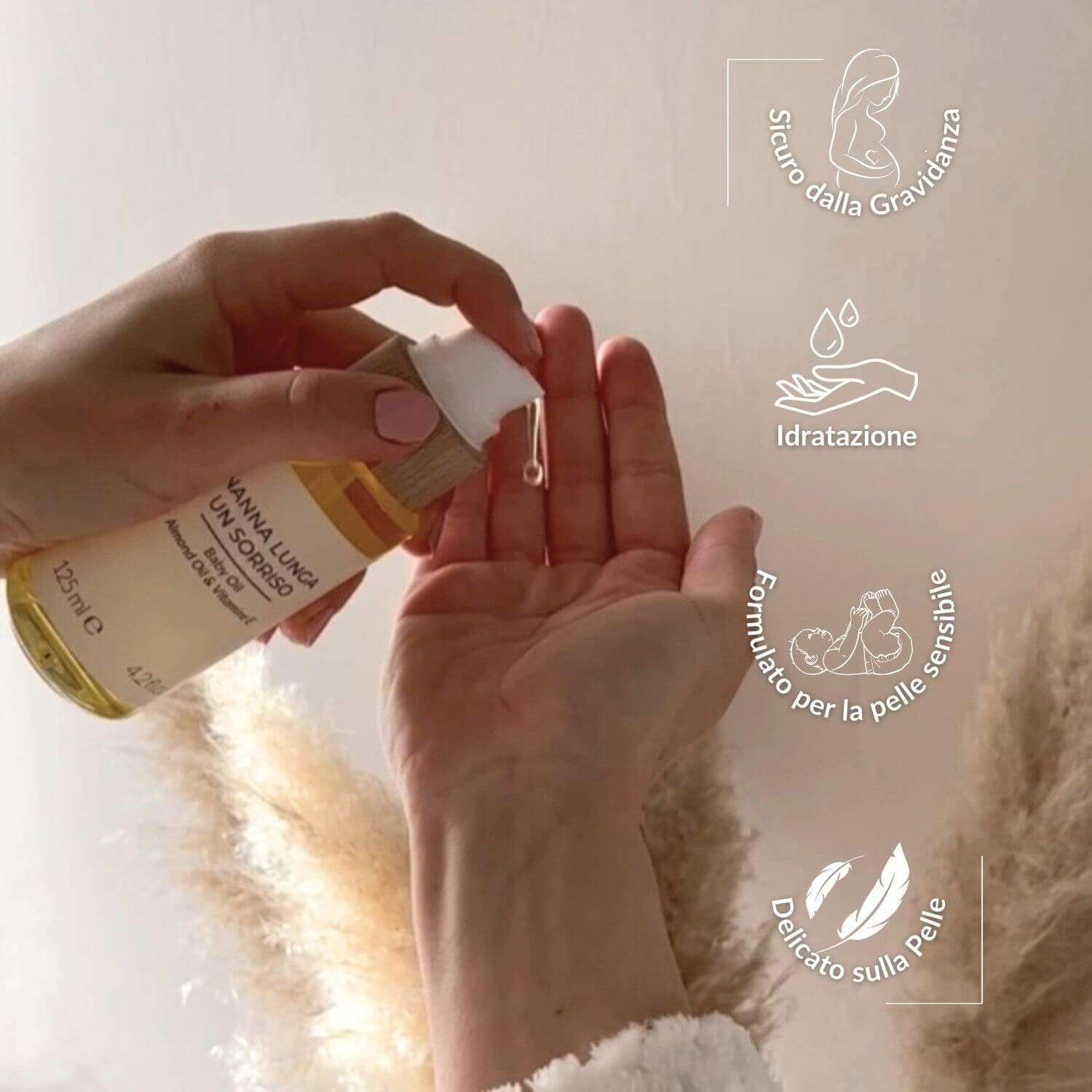 Alisea Parma Nanna Lunga un Sorriso, Olio Nutriente con mandorle dolci e Vitamina E. Per i primi massaggi al neonato, sicuro in gravidanza e alleato contro le smagliature. 125ml.