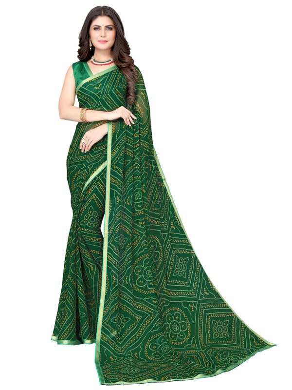 SatraniWomen'S Bandhani Printed Chiffon Saree With Unstitched Blouse Piece, Green1, One Size