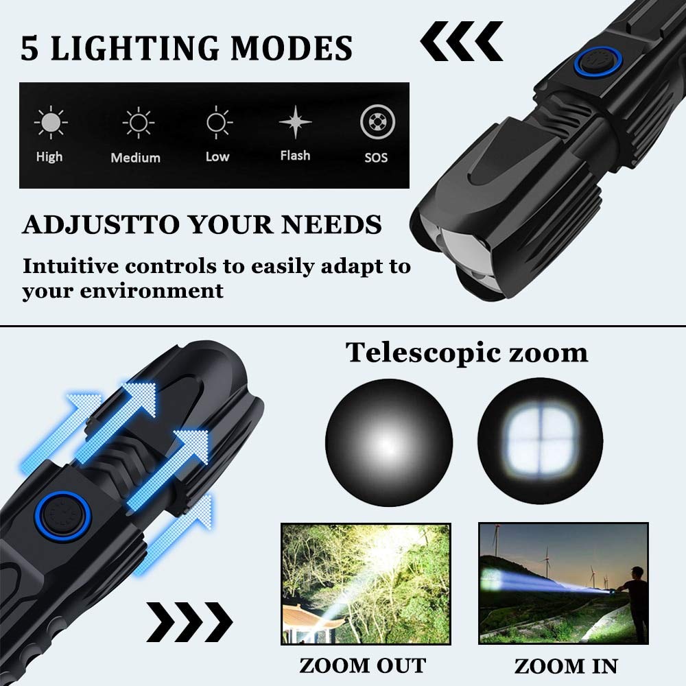 BAJIE Flashlight Super Bright Xhp90 Led Flashlight con Entrada USB y función de Salida 5 Modos Deslumbramiento Antorcha táctica Zoom Impermeable Luz Exterior