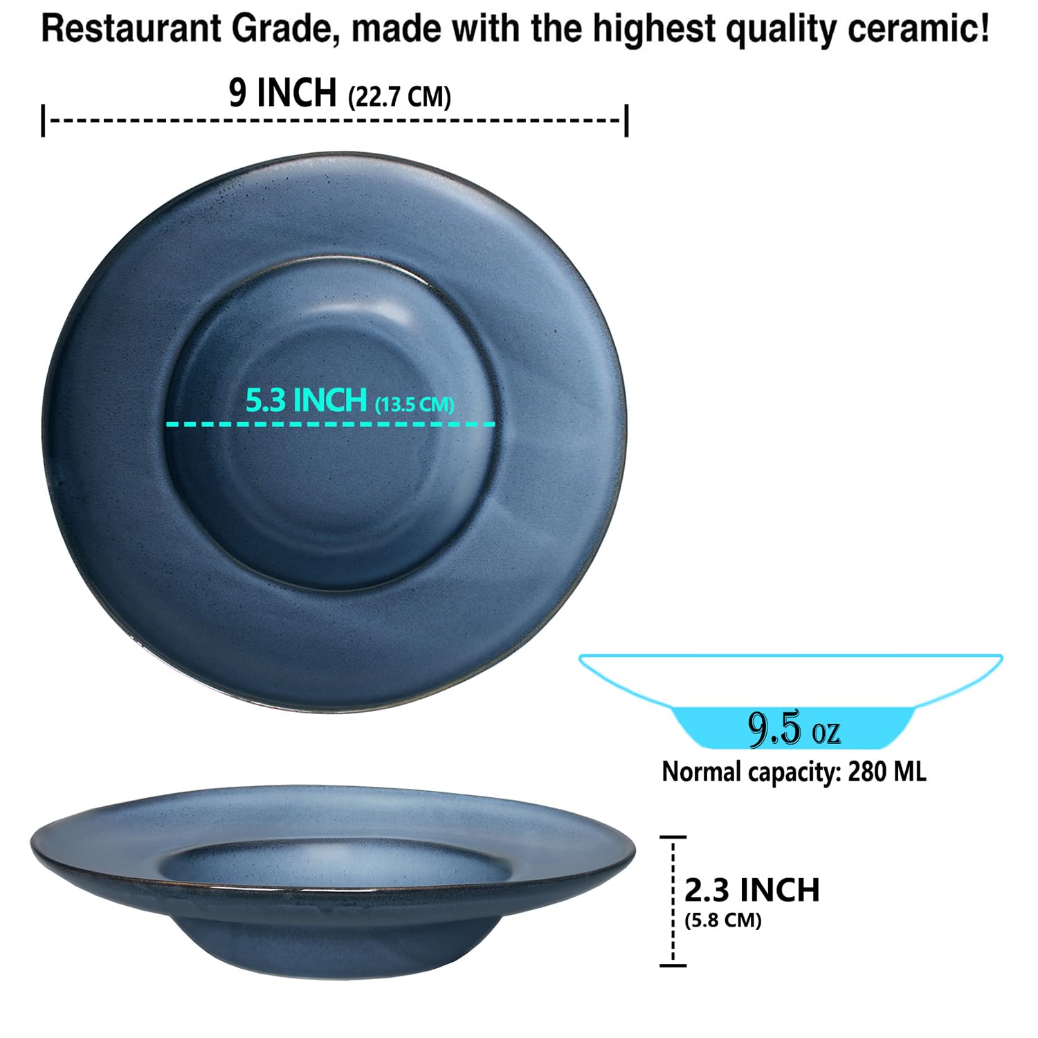 Miski do zupy, talerze do zupy, zestaw 2 misek do makaronu, niebieskie, płytkie talerze, porcelanowe miski z krawędzią, najlepszy prezent (23 cm, niebieskie)