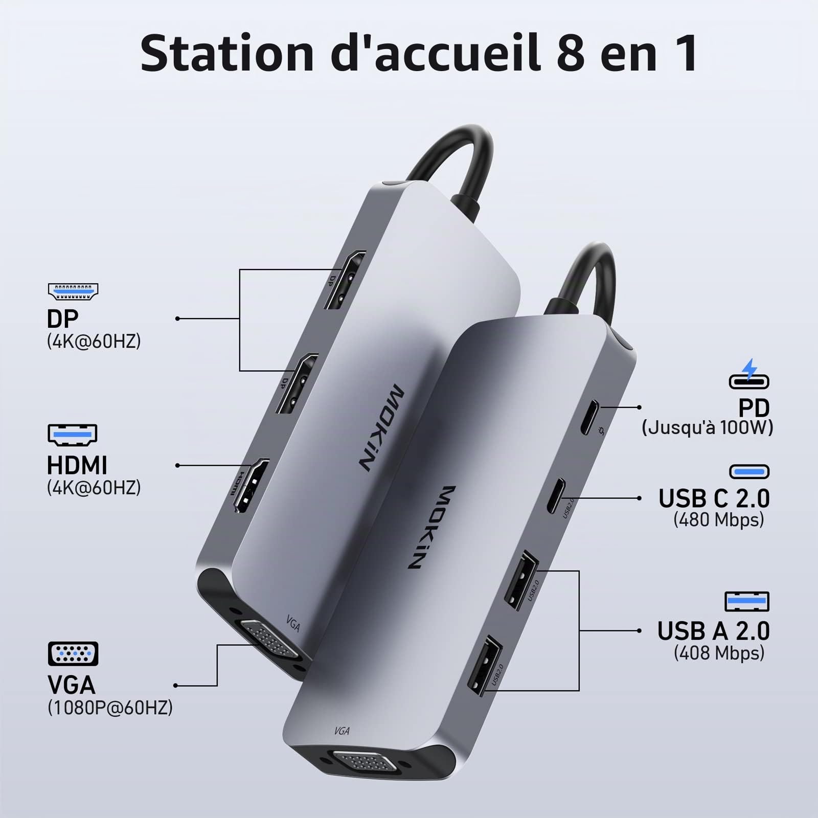 Station d'accueil USB C Dual DisplayPort, Hub USB C 8 en 1 avec 2 DP, HDMI, VGA, USB C 2.0, 2 USB A 2.0, Port de Charge PD, Adaptateur Multi-Moniteur pour Ordinateurs Portables Dell/HP/Lenovo