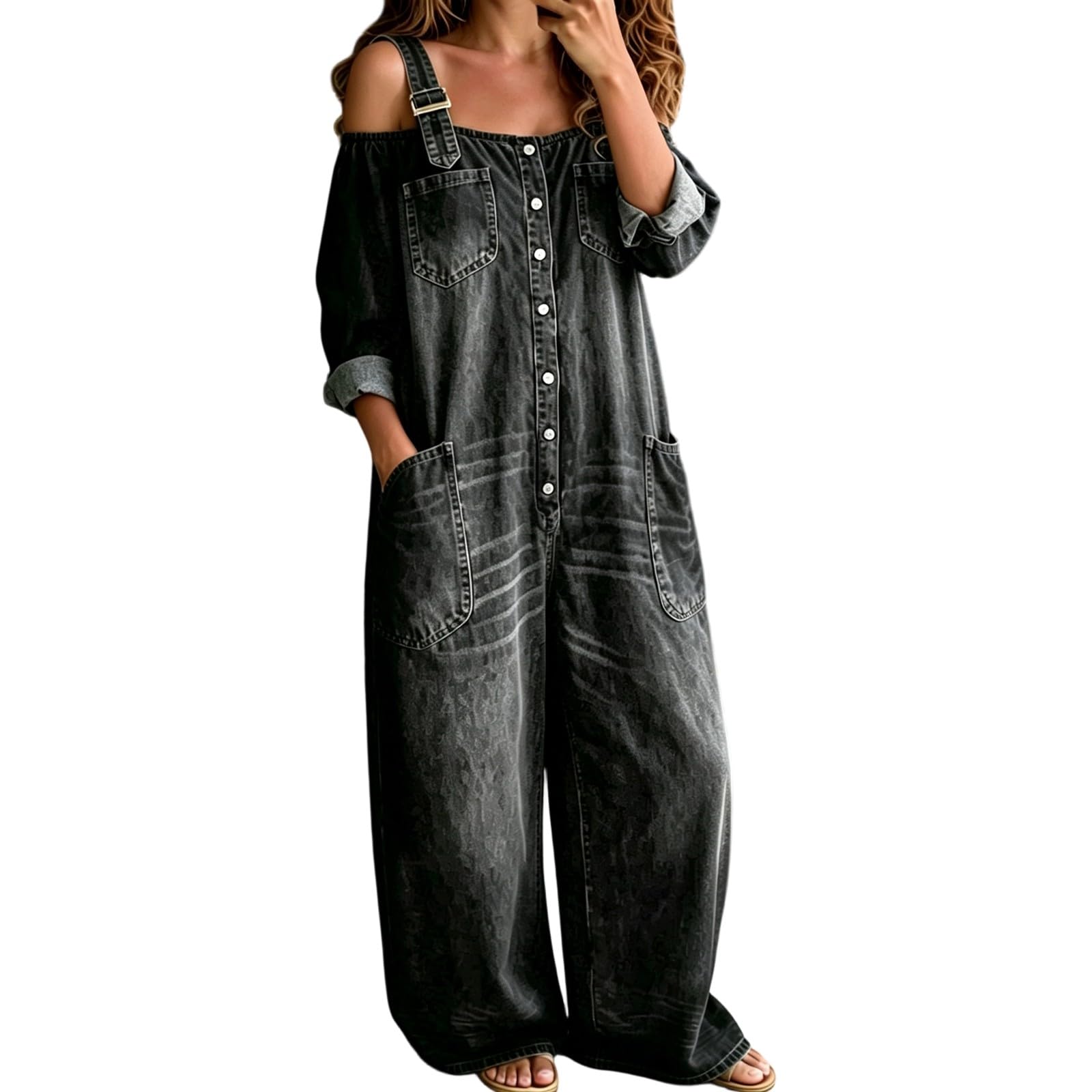 Tuta da donna in jeans a gamba larga, con bretelle scoperte, stile vintage, in denim lavato, monopetto, per feste