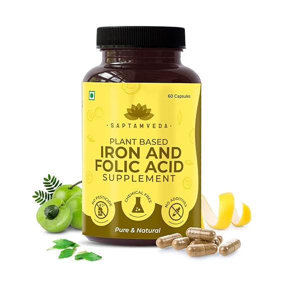 Saptamveda Natural Iron And Folic Acid with Vitamin C 60 Veg Capsules