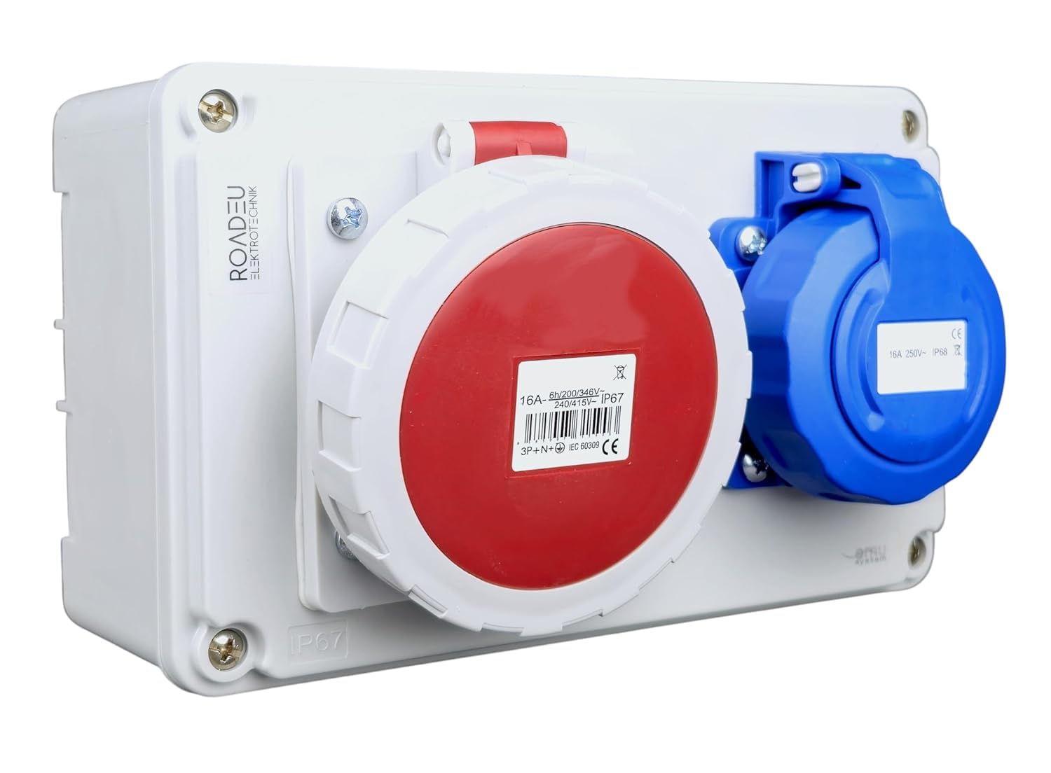 RoadEu – Steckdosenverteiler Schuko 230V + CEE 16A 5-polig, Stromverteiler IP67 Wasserdicht, Außensteckdose mit Abdeckung, Baustromverteiler für Indoor/Outdoor