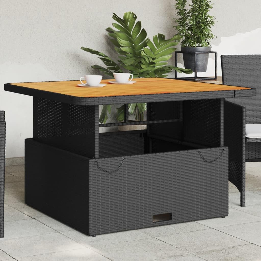 SXZenSpace Adjustable Garden Coffee Table 110 x cm Black PE Rattan and Acacia Wood Outdoor Patio Bistro Lift-Top for Balcony Terrace