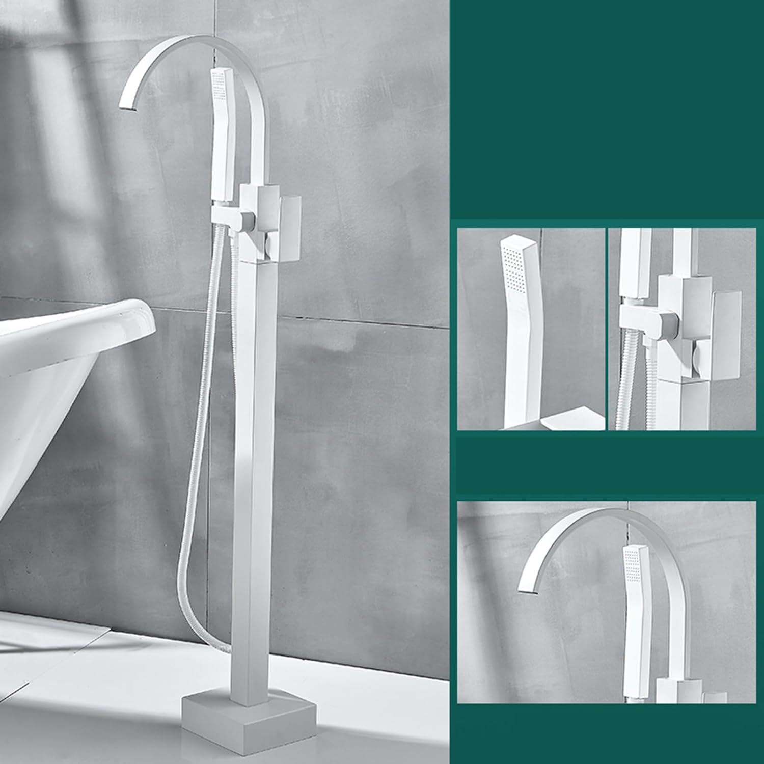 バス用蛇口 自立式 ハンドシャワー付き 滝型バス用蛇口 真鍮製 冷水・温水シャワー用蛇口 ホワイト