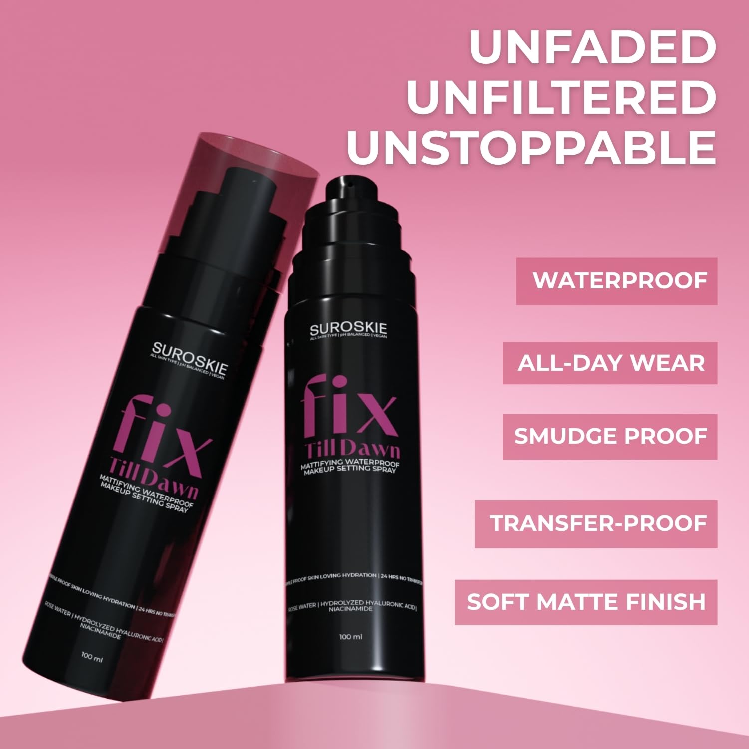 Suroskis Fix Till Dawn Makeup Fixer 100ml | Long Lasting Makeup Setting Spray with Matte Finish | Niacinamide & Hyaluronic | Lasts Up to 15hrs | Non Sticky, Quick Drying & Waterproof | All Skin Types - Image 4 thumbnail