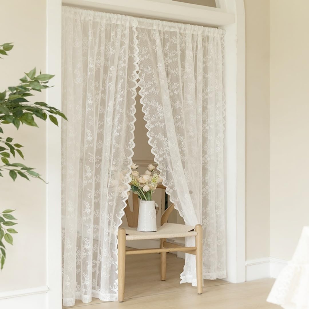 SITEDAN Lace Noren Door Curtain Set of 2 Embroidered White Princess Style