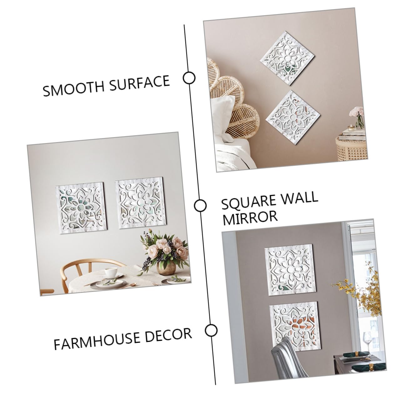 STOBAZA Specchio da Parete Decorativo Quadrato in Acrilico e Legno, Stile Rustico Bianco, 2 Pezzi, per Soggiorno e Ingresso