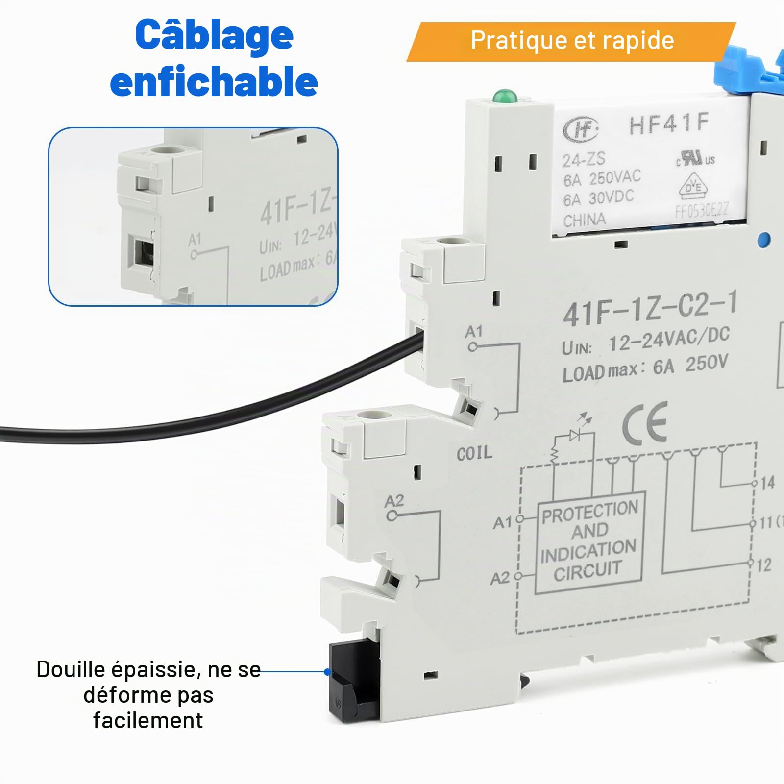 Relais 24V, Relais de Signal DIN, HF41F/24-ZS 5 Broches 1NO 1NC | 6A SPDT avec Indicateur LED, Relais 24V CC, Max 6A 250VAC/30VDC(10 pcs)