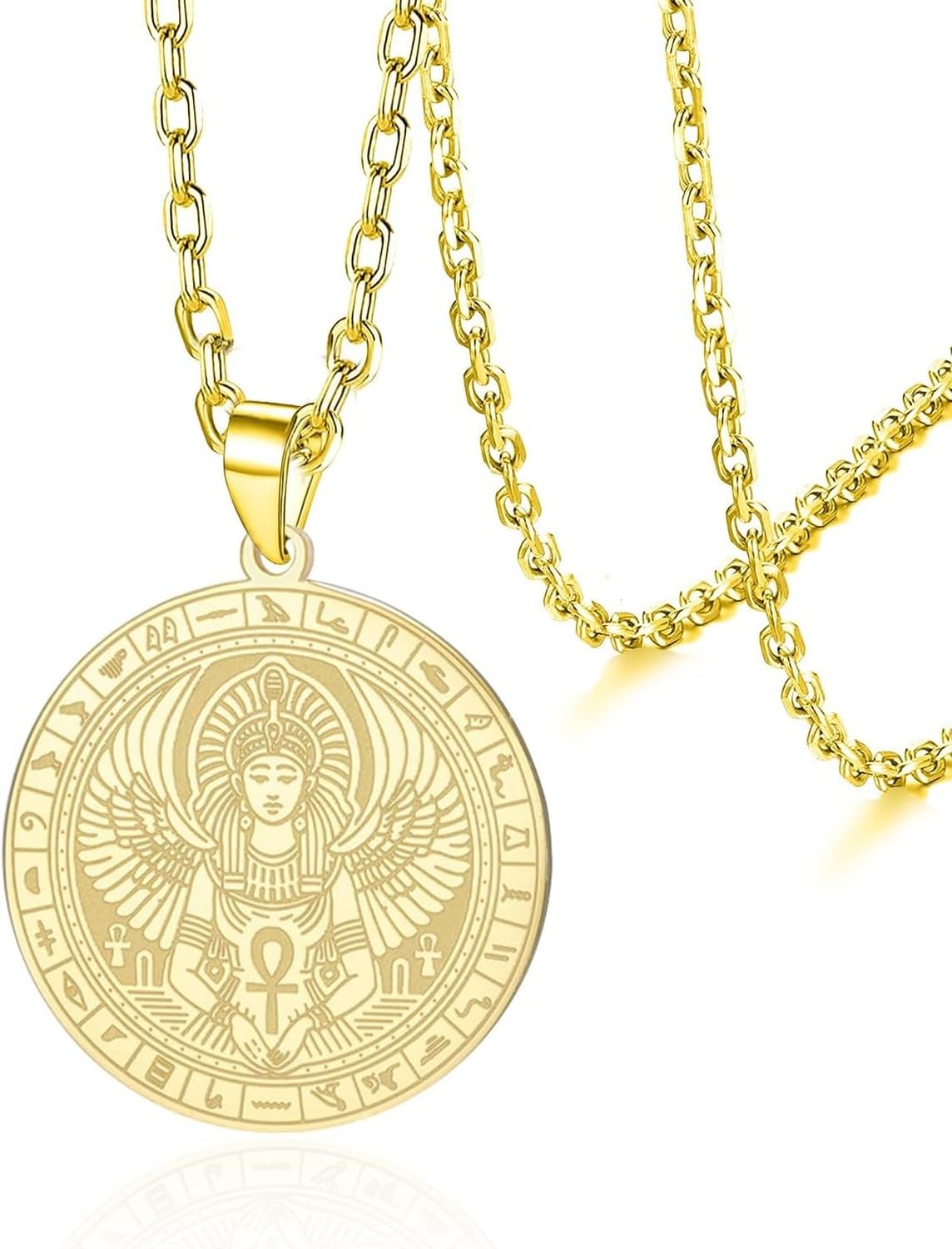 Faozhuo Stainless Steel Egyptian Isis Goddess Ankh Pendant Necklace Ancient Hieroglyph Protection Amulet Vintage Jewelry for Men Women Spiritual Daily Gift Wear, Gold