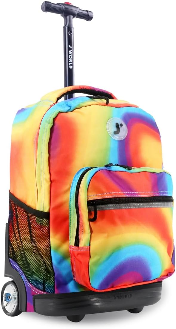 J World New York Sunrise Kids Rolling Backpack for Girls Boys Teen. Roller Bookbag with Wheels, Heat, 18"