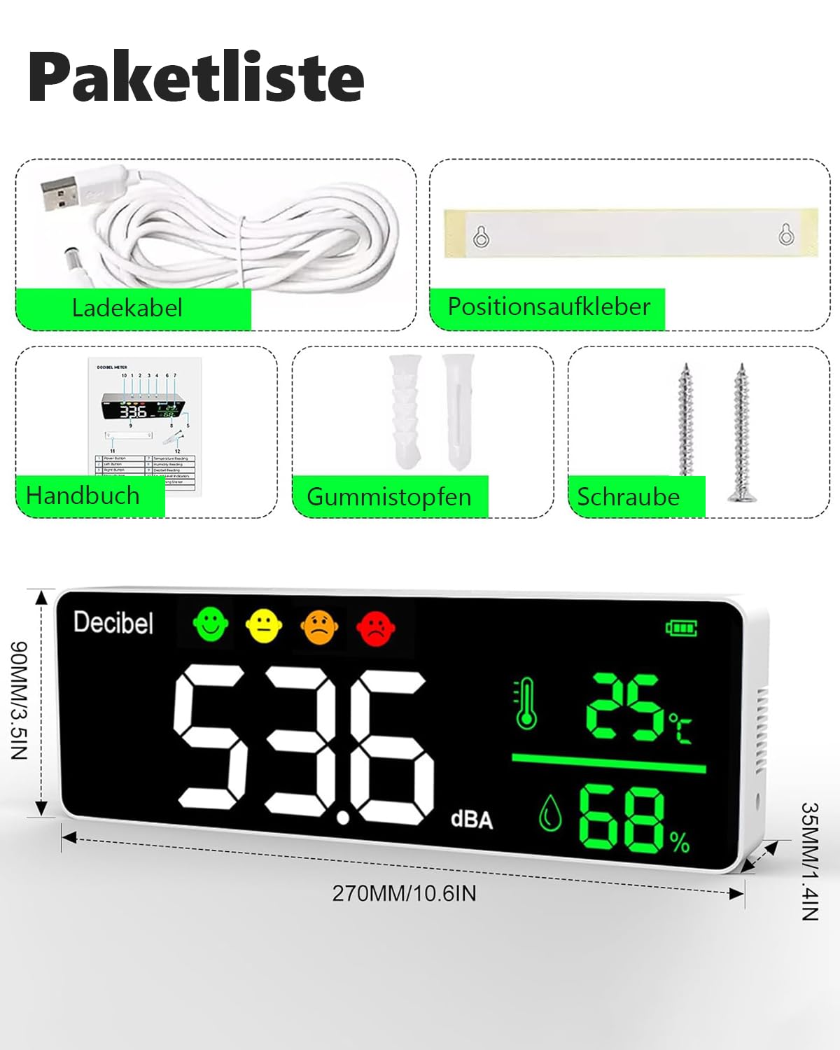 Digitaler Dezibelmessgerät, 3 In 1 Schallpegelmesser Wandbehang Schallpegelmessgerät mit Temperatur & Feuchtigkeits, 30~130dB, 11" Große LED Bildschirm, für Zuhause, Babyzimmer, Bibliothek