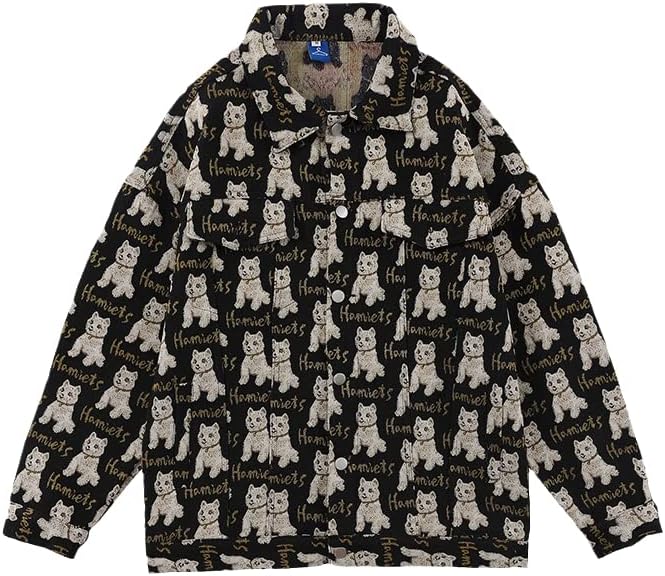 Men Women Retro Patchwork Oversize Casual Denim Coat Original Cute Full Print Streetwear Autumn Jeans Jackets