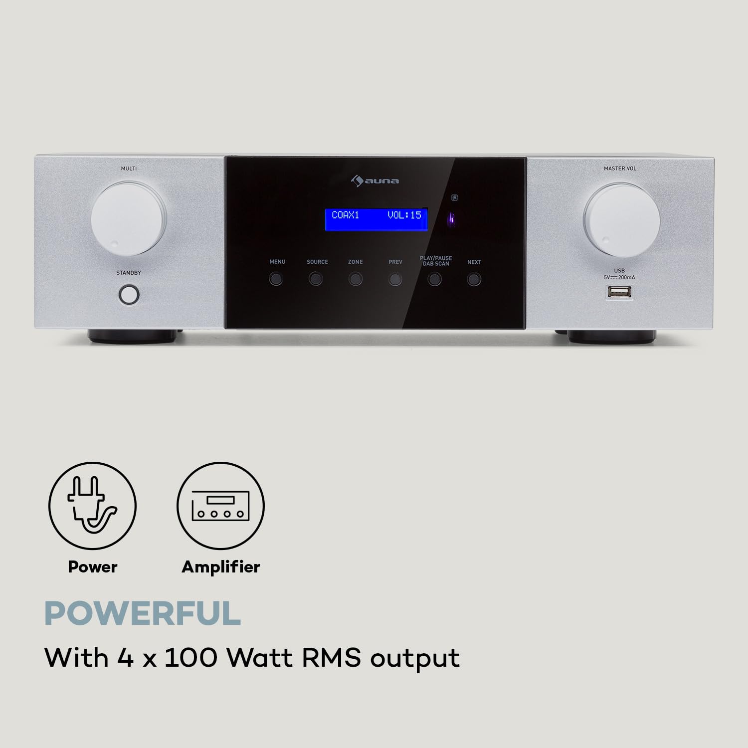 Auna AMP-4000 Dab Amplificador estéreo HiFi, Radio Dab+, Amplificador estéreo, USB, Mando a Distancia, con Pantalla LED, HiFi, Negro-Blanco
