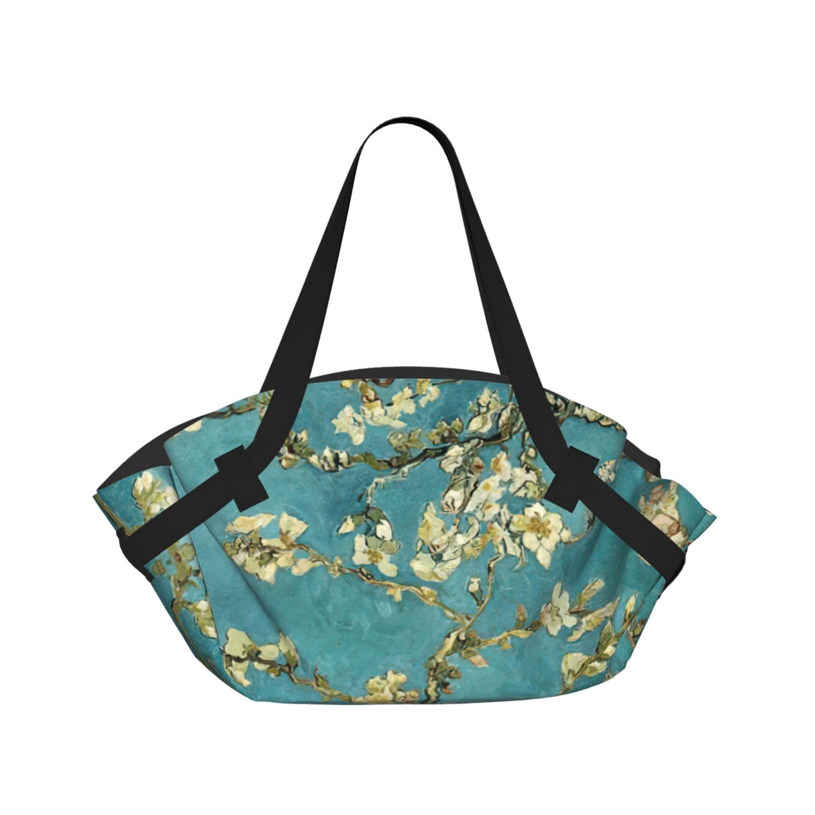 KAPPTYY Painting Almond Blossoms Printed Outdoor Picnic Mat and Handbag, Portable Round 37in Foldable for Park Lawn Family Day