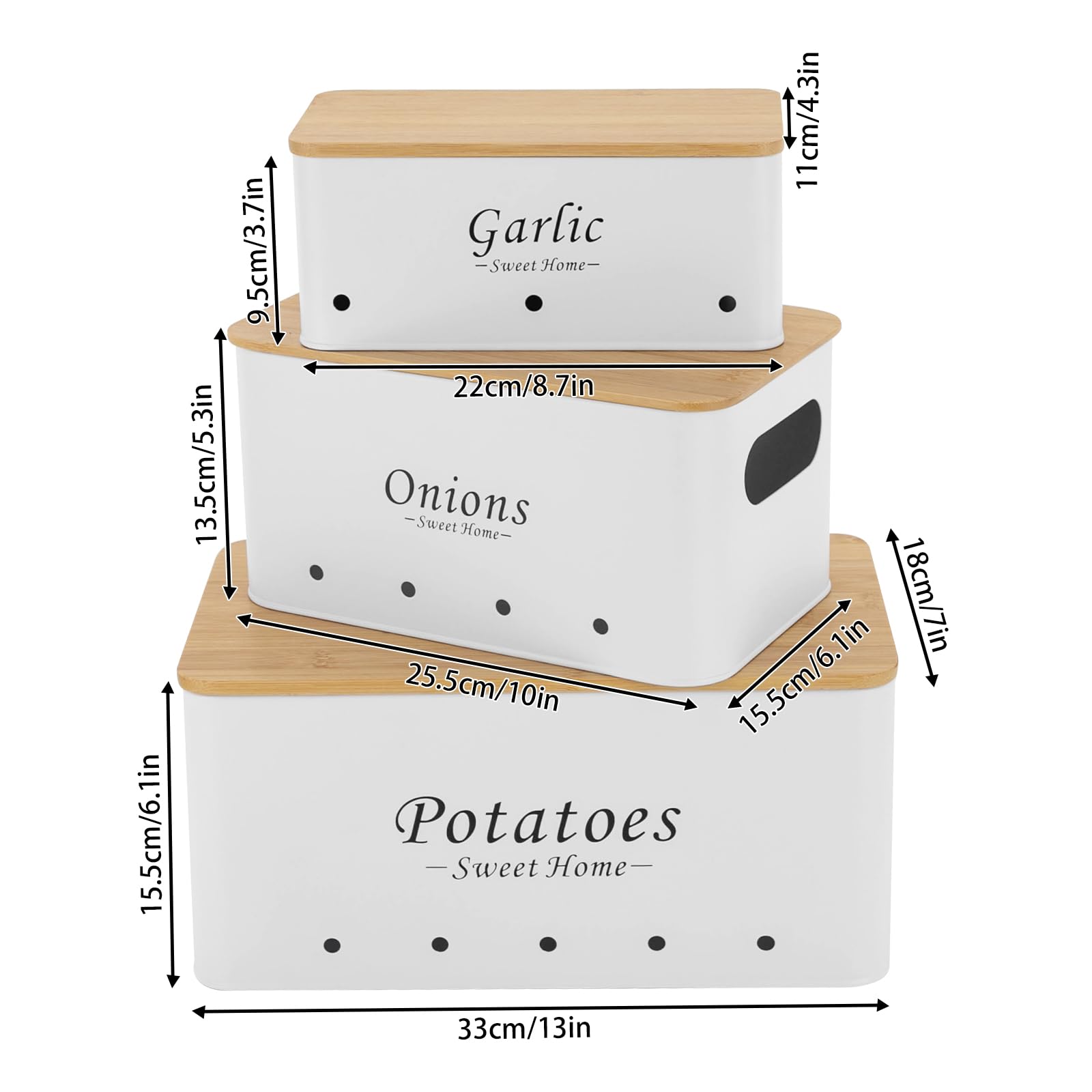 Juego de contenedores de 3 piezas, apilable, con asas ventiladas, recipiente de almacenamiento para organizar cebollas, patatas y ajos en la cámara de almacenamiento de cocina
