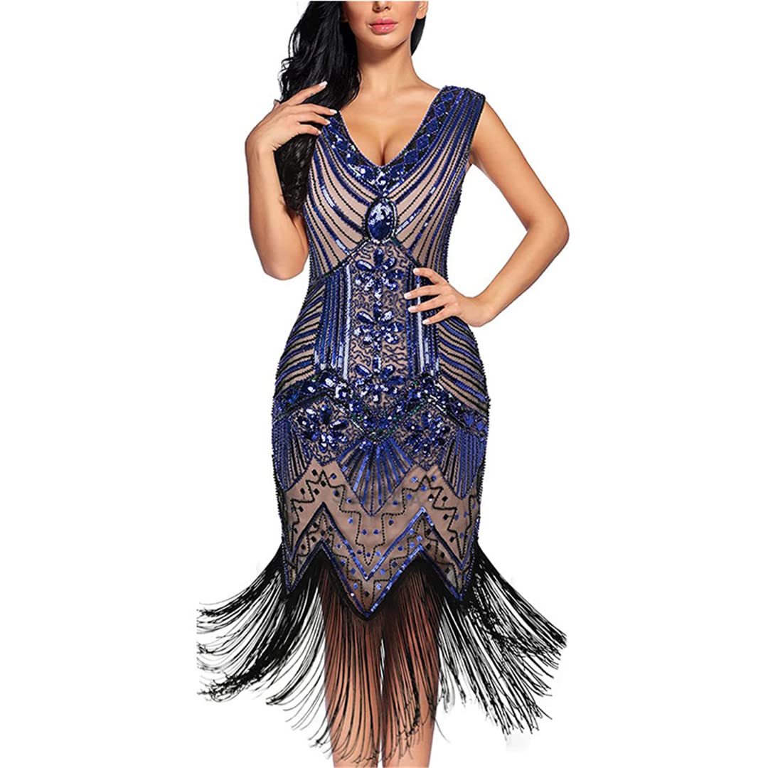 Robe de soirée vintage paillettes saphir L moulante à franges - 7