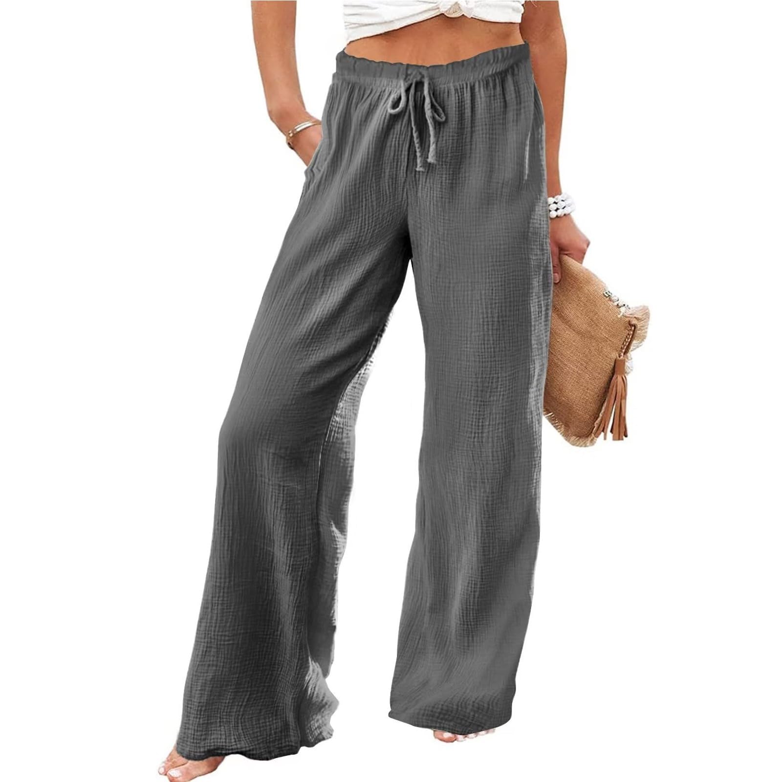 eoeioa Hose mit weitem Bein für Damen, elegante Knopfleiste, hohe Taille, Business-Hose, Sommer, Freizeit, Arbeit, Strand, Hose mit Tasche