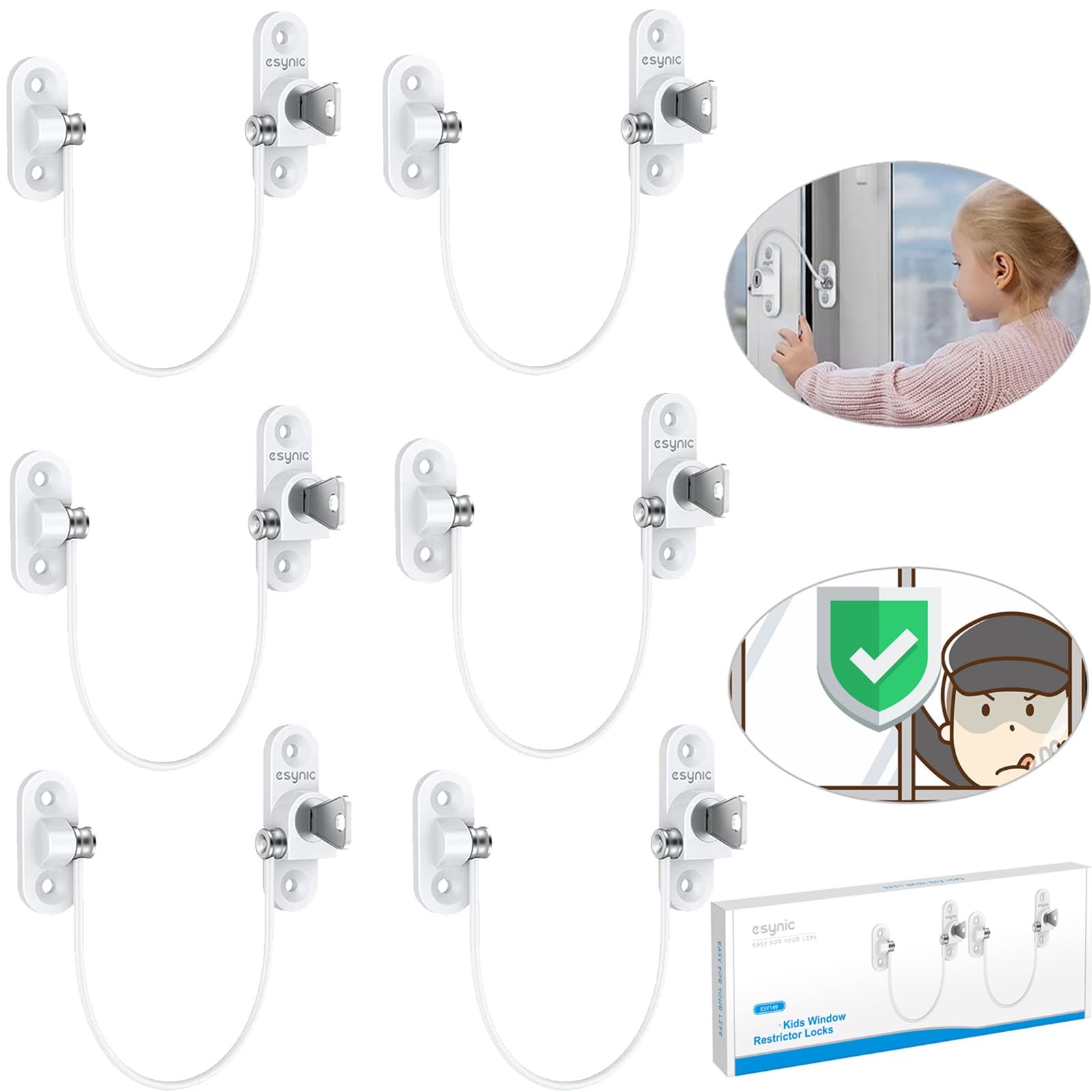 eSynic 6Pack UPVC Window Restrictors Strong and Durable Window Locks Child Safety White Window Safety Restrictors Guard Against Theft Window Security Locks with Keys Perfect for Home Baby Safety