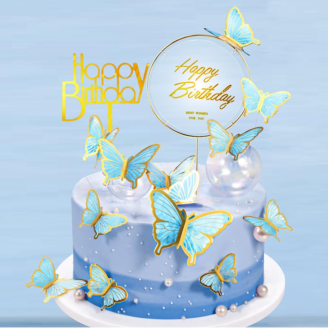 22 Pezzi Cake Topper Farfalla Buon Compleanno - Decorazioni Torta Blu E Oro, Non Commestibili - Foto 7